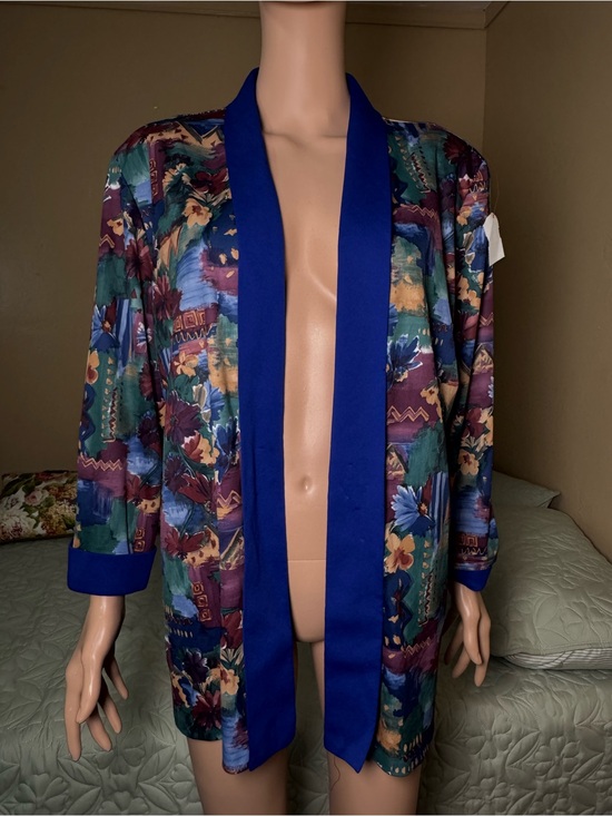 Blair Sweaters - Blair Vintage Floral Open Front Jacket Blazer Blue Trim Oversized L